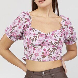 Forever 21 Floral Ruched Puff Sleeve Crop Top Pink – S